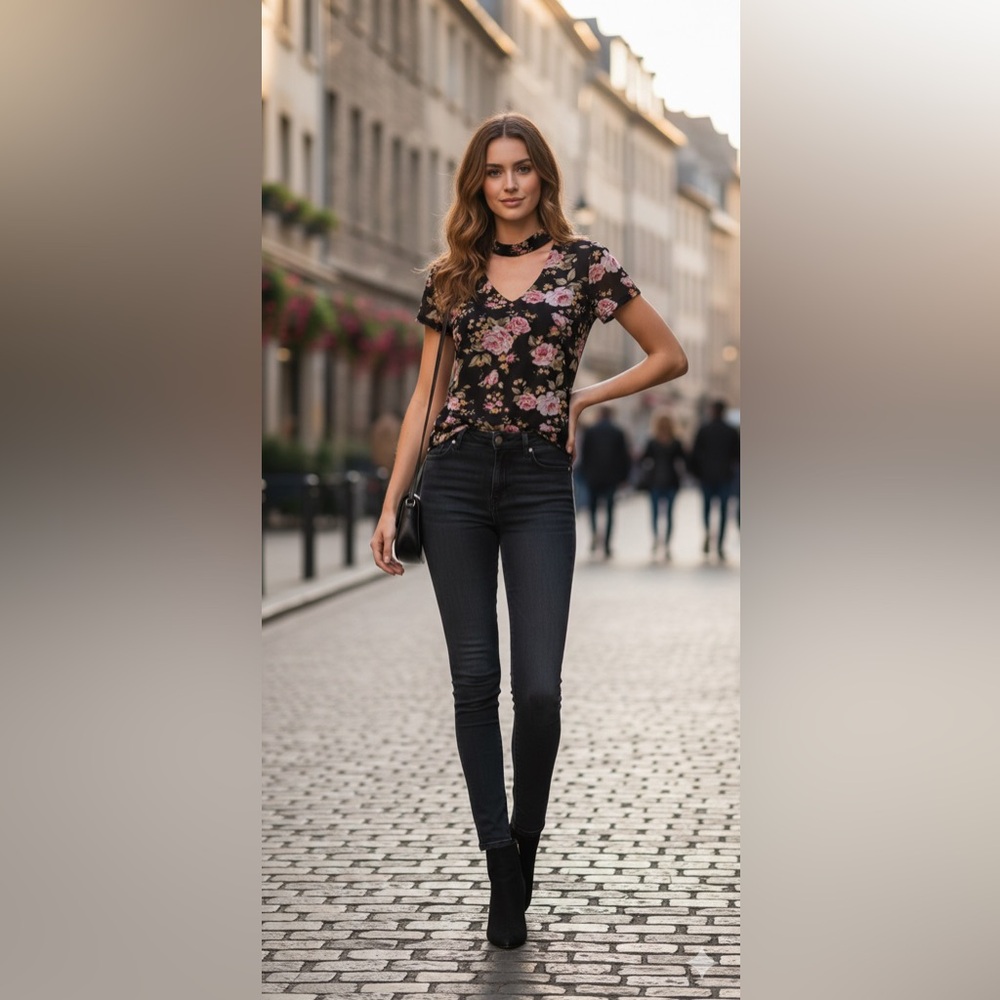 Romantic dark floral shirt sleeve sheer with chocker top Womens M